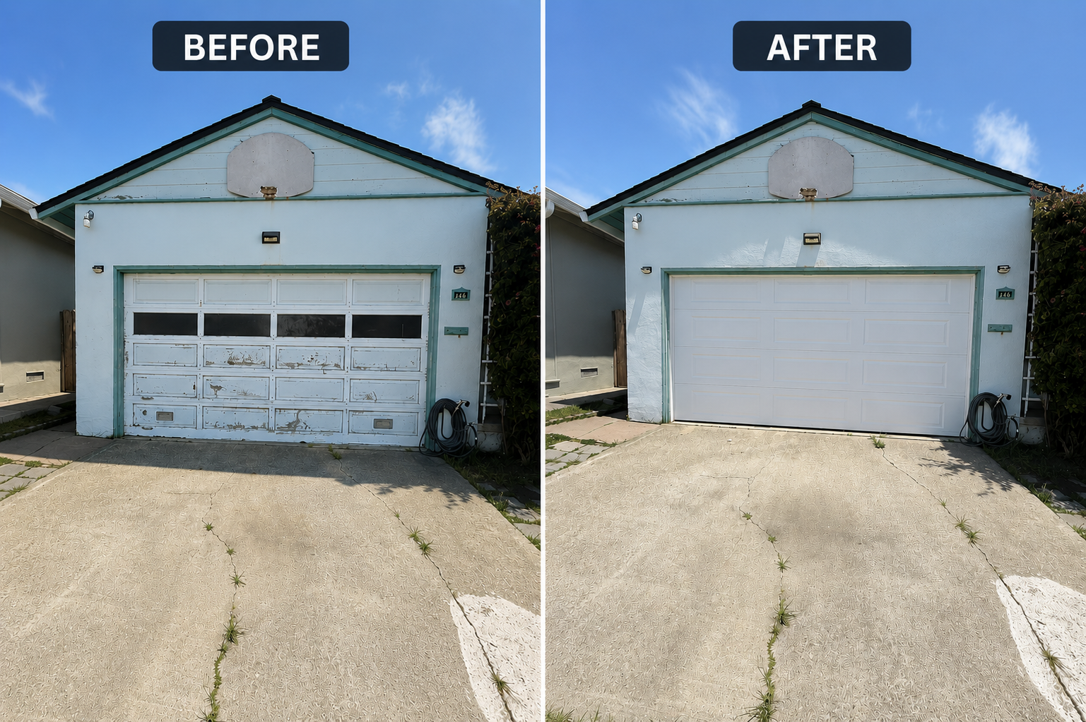 Before and after heat-ready insulated steel garage door upgrade on a Sand Creek subdivision home in Antioch